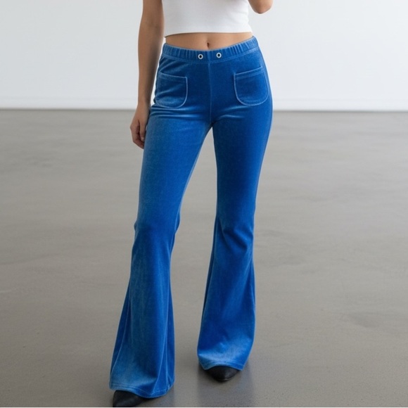 Vintage Pants - Y2K Groovy Blue Velvet Bell Bottoms